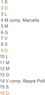  1 S                                                                                                                     
 2 D                                                                     
 3 L                                                                     
 4 M comp. Marcella                                                                     
 5 M                                                                     
 6 G
 7 V
 8 S
 9 D
10 L
11 M
12 M
13 G
14 V comp. Beppe Polli
15 S        
16 D








