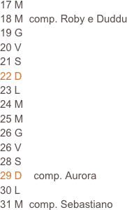 17 M
18 M  comp. Roby e Duddu                                                                            19 G                                                                      
20 V
21 S
22 D
23 L
24 M
25 M
26 G
26 V
28 S
29 D    comp. Aurora
30 L
31 M  comp. Sebastiano








