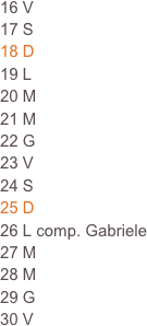 16 V
17 S
18 D                                                                            19 L                                                                      
20 M
21 M
22 G
23 V
24 S
25 D
26 L comp. Gabriele
27 M 
28 M
29 G
30 V








