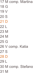 17 M comp. Martina
18 G                                                                            19 V                                                                      
20 S
21 D
22 L
23 M
24 M
25 G
26 V comp. Katia
27 S
28 D
29 L
30 M comp. Stefano
31 M 







